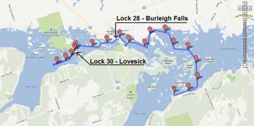 Day 4 SUP route: Stoney Lake to Lower Buckhorn through Burleigh Falls and Lovesick Lake