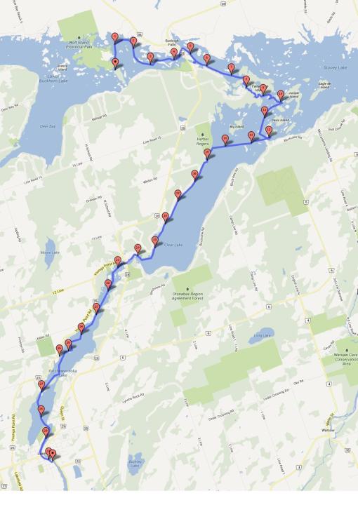30km SUP route for day 5, taking me from Lovesick Lake to Lakefield